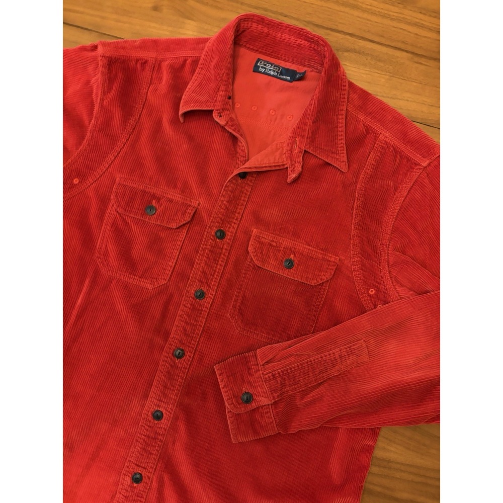 Vintage Ralph Lauren Corduroy Shirt Mens L Red Utility Button Down Chinstrap 90s